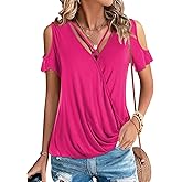 LEIYEE Womens Summer Cold Shoulder Tops Sexy Casual Short Sleeve Wrap V Neck T Shirts Cute Loose Fit Blouse