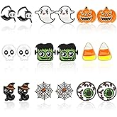 9 Pairs Halloween Enamel Stud Earrings for Women Teen Girls Pumpkin Spider Bat Black Cat Ghost Witch Candy Spooky Earrings Halloween Earring Set for Holiday Decoration