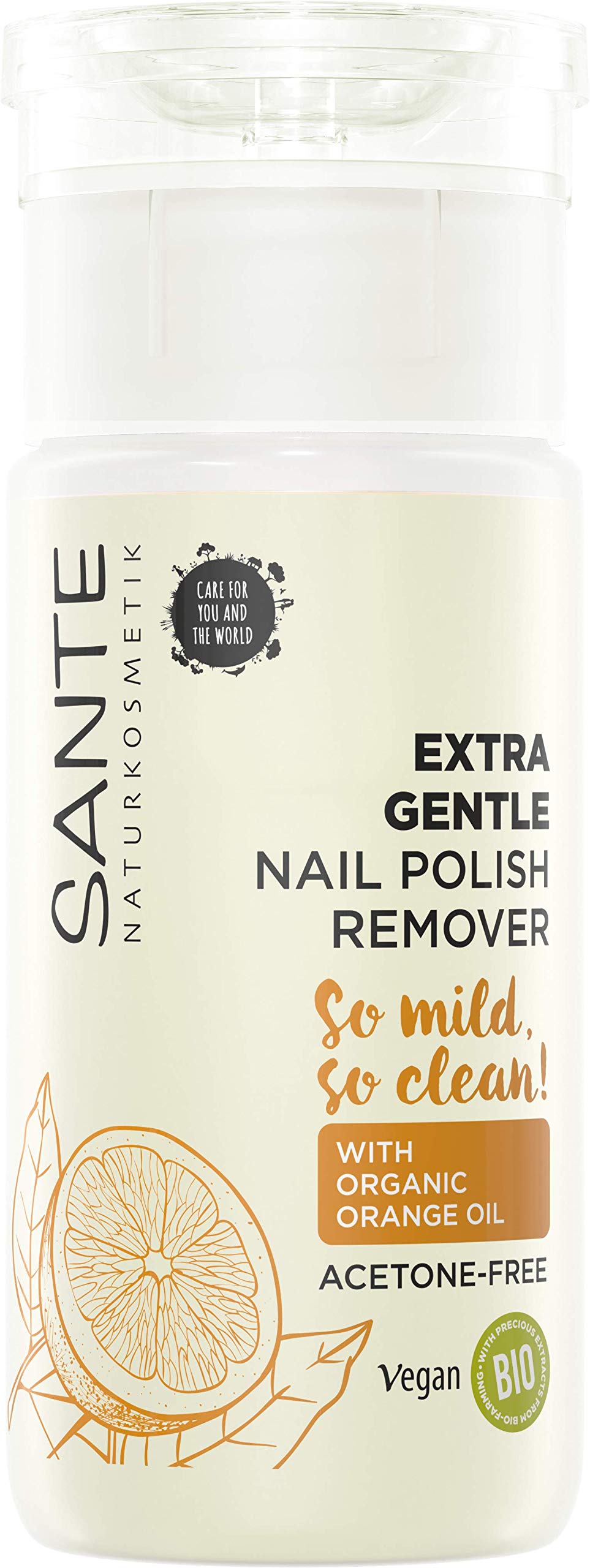 SANTE Naturkosmetik Extra Gentle Nail Polish Remover, Nail Polish Remover with Organic Orange Oil & Organic Alcohol, Acetone , Mild & Nourishing, Vegan, 100 ml