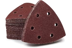 SPEEDWOX 50 Pcs Triangle Sanding Pads Hook and Loop 80 Grit Oscillating Sanding Pad 90mm 6 Holes Fit 3-1/2 Inches Oscillating Multi Tool Detail Sander Sandpaper Triangle Sanding Discs Sanding Tool