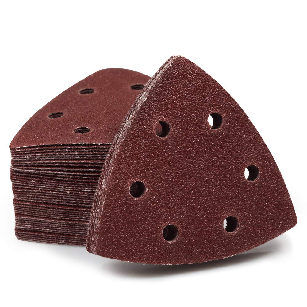 SPEEDWOX 50 Pcs Triangle Sanding Pads Hook and Loop 80 Grit Oscillating Sanding Pad 90mm 6 Holes Fit 3-1/2 Inches Oscillating Multi Tool Detail Sander Sandpaper Triangle Sanding Discs Sanding Tool