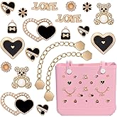 Charms for Bogg Bag, Butterfly Flowers Bear for Bogg Bag Accessories Charms, Black Heart Charm & Bling Chain Compatible with Simply Southern Beach Bags Tote, Insert for Rubber Beach Tote Handbag Birthday (20 Pcs)