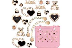 GANZHOUYILAN Charms for Bogg Bag, Butterfly Flowers Bear for Bogg Bag Accessories Charms, Black Heart Charm & Bling Chain Compatible with Simply Southern Beach Bags Tote, Insert for Rubber Beach Tote Handbag Christmas (20 Pcs)