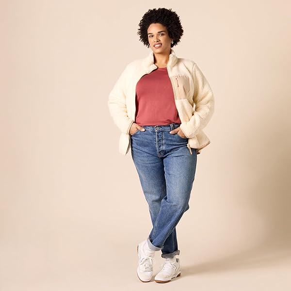AMAZON ESSENTIALS WOMEN’S SHERPA LONG-SLEEVE MOCK NECK FULL-ZIP JACKET WITH WOVEN TRIM (AVAILABLE IN PLUS SIZE), BEIGE COLOR BLOCK, X-SMALL