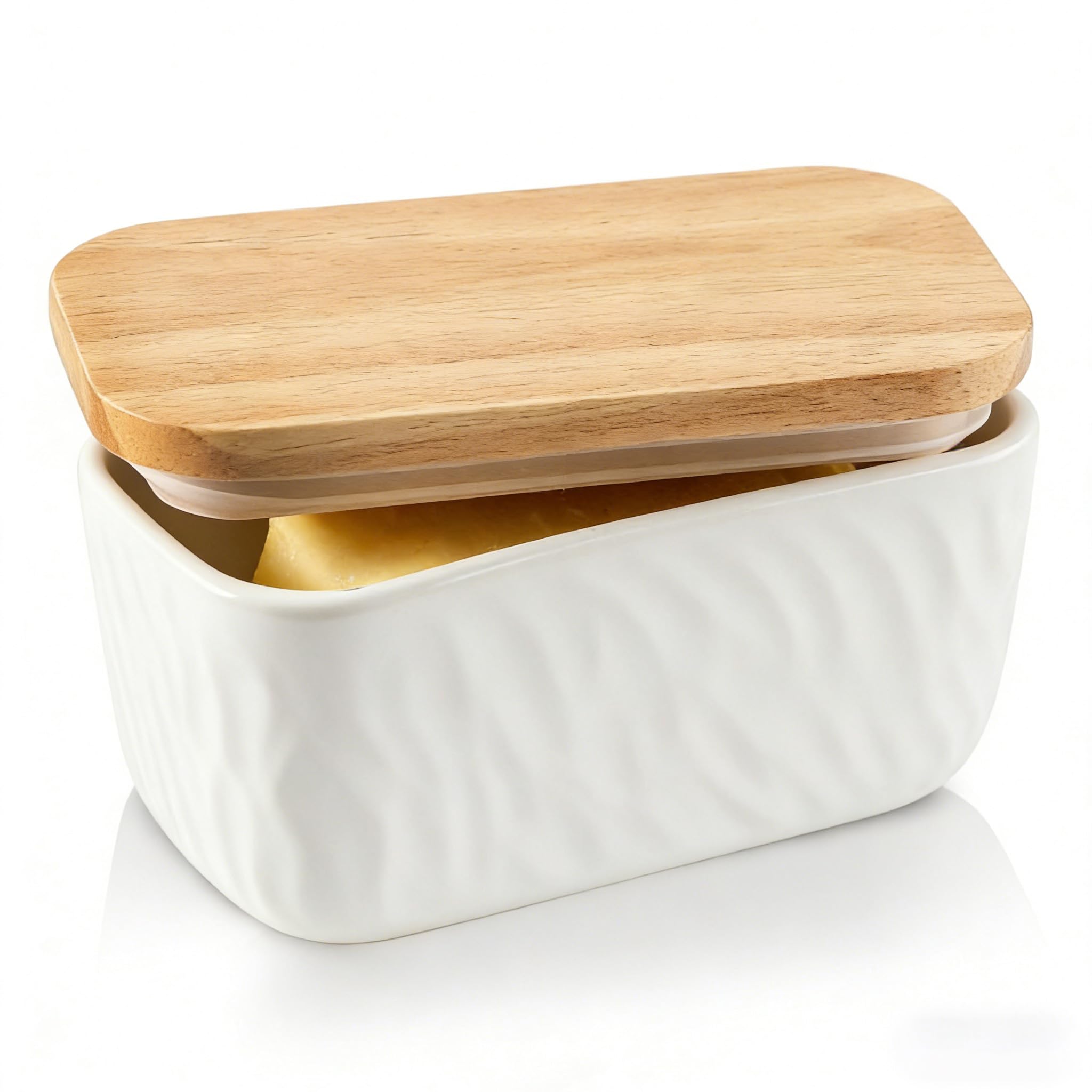 KOOV Porcelain Large Butter Dish with Lid, Airtight Butter Container with Oak Lid, Butter Crock, Perfect for 2 Sticks of Butter, Large Capacity (White)