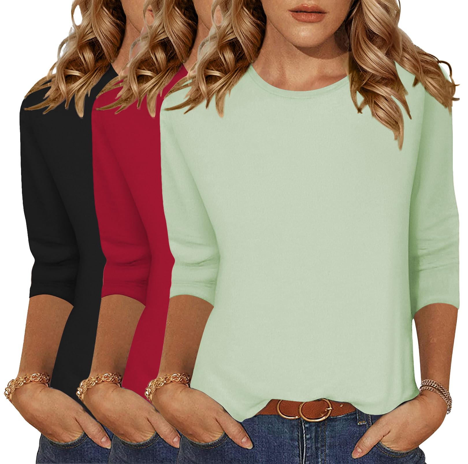 Photo 1 of (MISSING GREEN SHIRT) Zeagoo Ladies Spring Tops 3/4 Sleeve Shirts Soft Casual Cute Tshirts Basic Tees Crewneck 3 Pack Tees Casual Tee Shirts