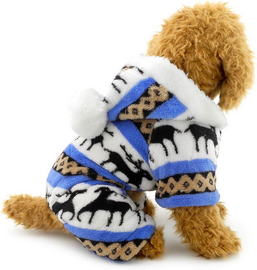 Ranphy Small Dog Cat Hoodeis Soft Velvet Reindeer Pattern Dog Pajamas Puppy Hoodie Hooded Jumpsuit Blue S