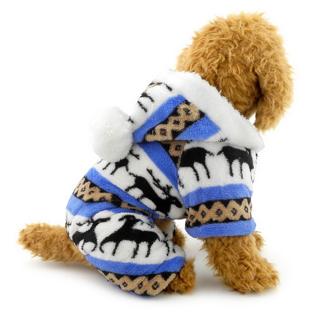 Ranphy Small Dog Cat Hoodeis Soft Velvet Reindeer Pattern Dog Pajamas Puppy Hoodie Hooded Jumpsuit Blue S