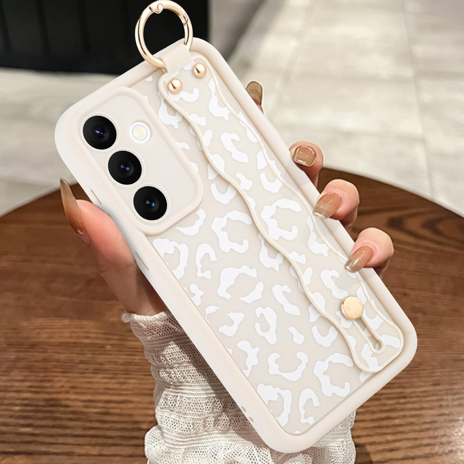 MOWIME Compatible with Samsung Galaxy S24 Plus Case with Wrist Strap, Cheetah Print Shockproof Soft TPU Protective for Women Girls, Slim Anti Scratch Case for Galaxy S24 Plus 6.7 Inch, White