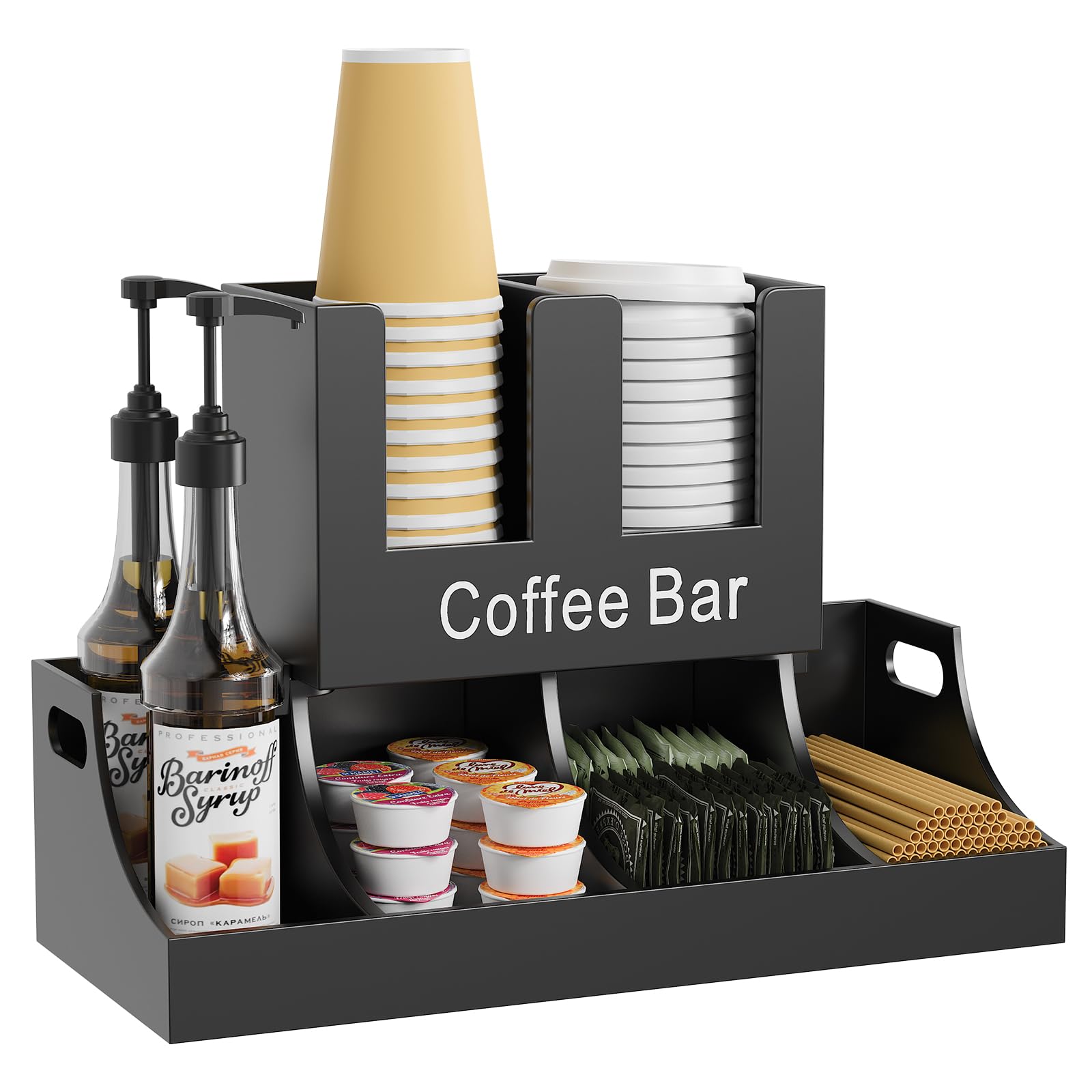 Photo 1 of **MISSING PARTS**Busidhji Coffee Station Organizer, Wooden Coffee Bar Organizer for Countertop, Condiment and Cup Storage Organizer, Bar Accessories for Kitchen, Office, Home, Black