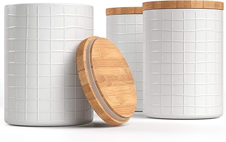 Amazon Com Barnyard Designs Kitchen Canisters With Bamboo Lids Airtight Metal Canister Set Coffee Sugar Tea Flour Storage Containers Farmhouse Kitchen Decor White 5 25 X 6 75 Set Of 3 Home Improvement