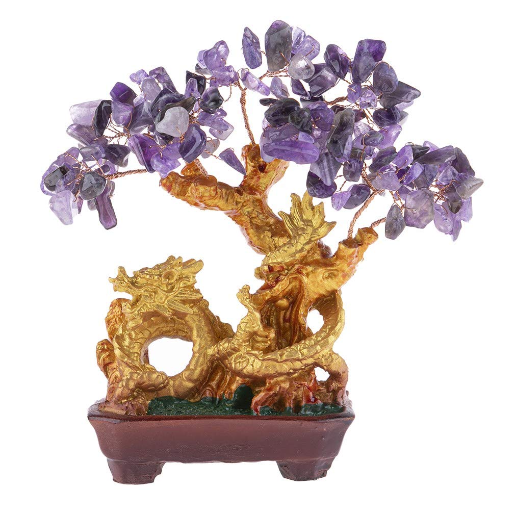 lachineuse - Purple Amethyst Dragon Tree - Feng Shui Tree 19 cm - Asian Japanese Dragon Decoration - Fortune Tree with Golden Dragon - Asian Gemstone Decoration - Japan Zen Object — image 1