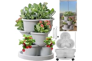 Birheatry Vertical Strawberry Planter 3 Tier Hanging Vertical Gardening Stackable Planter, Hanging Strawberry Planter Pot for Strawberries, Flowers, Herbs, Vegetables with Removable Wheels and Hooks