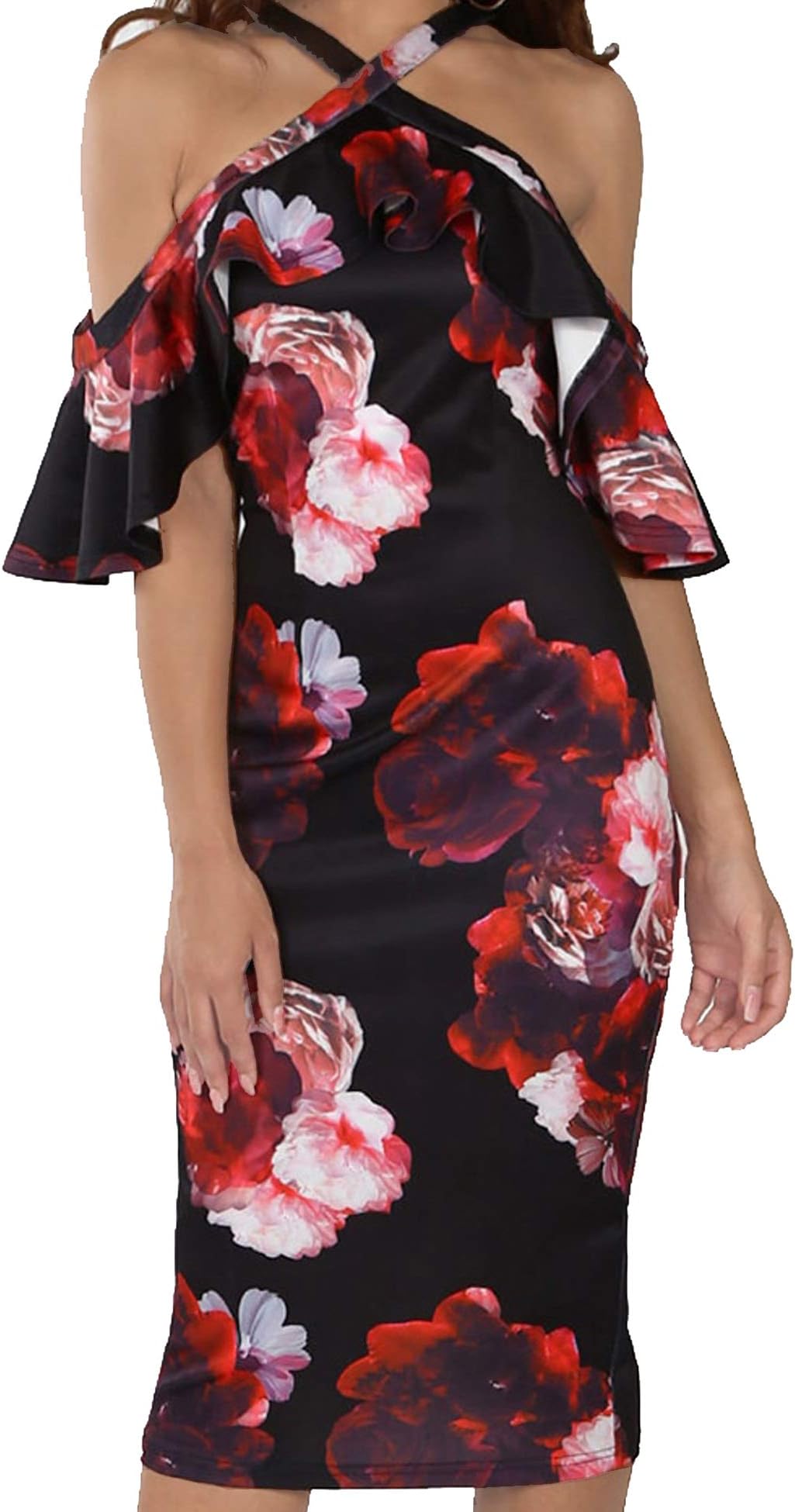 Murimia Womens Dresses Summer Off The Shoulder Ruffle Floral Print Bodycon Midi Dress Black Red