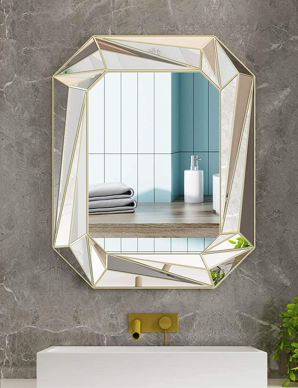 Modern Geometric Wall Mirror Art,Silver Mirror Wall Decor Wall-Mounted Mirrors for Bathroom,Bedroom,Living, Dining Room,24x30 inch