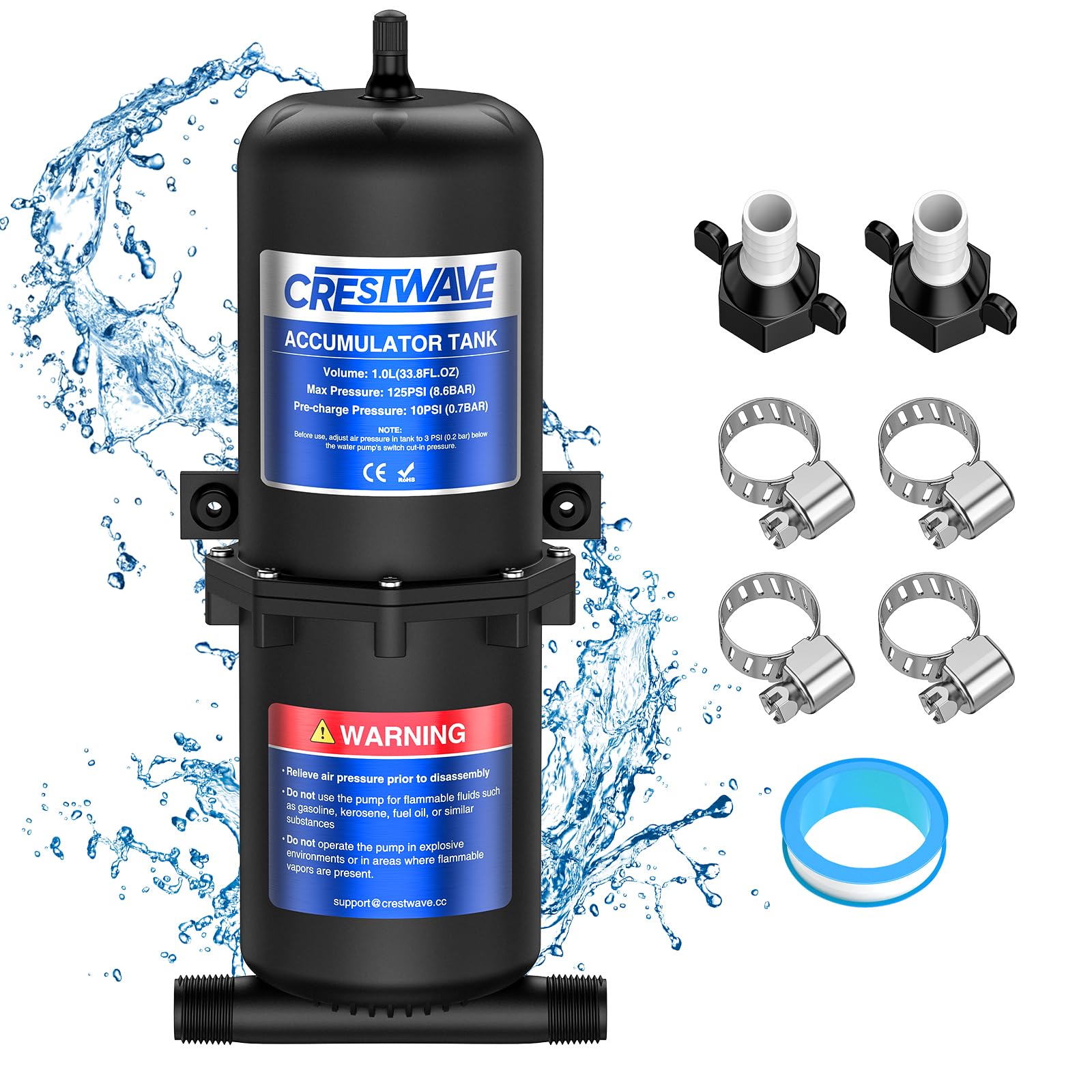 Photo 1 of **FOR PARTS ONLY / DAMAGED** CRESTWAVE Pre-Pressurized Accumulator Tank 1L 125PSI for RV Water System, Flow Control Inner Bladder, Reduced Pump Cycling and Smooths Water Flow for RV, Boat, Travel Trailer, Caravan