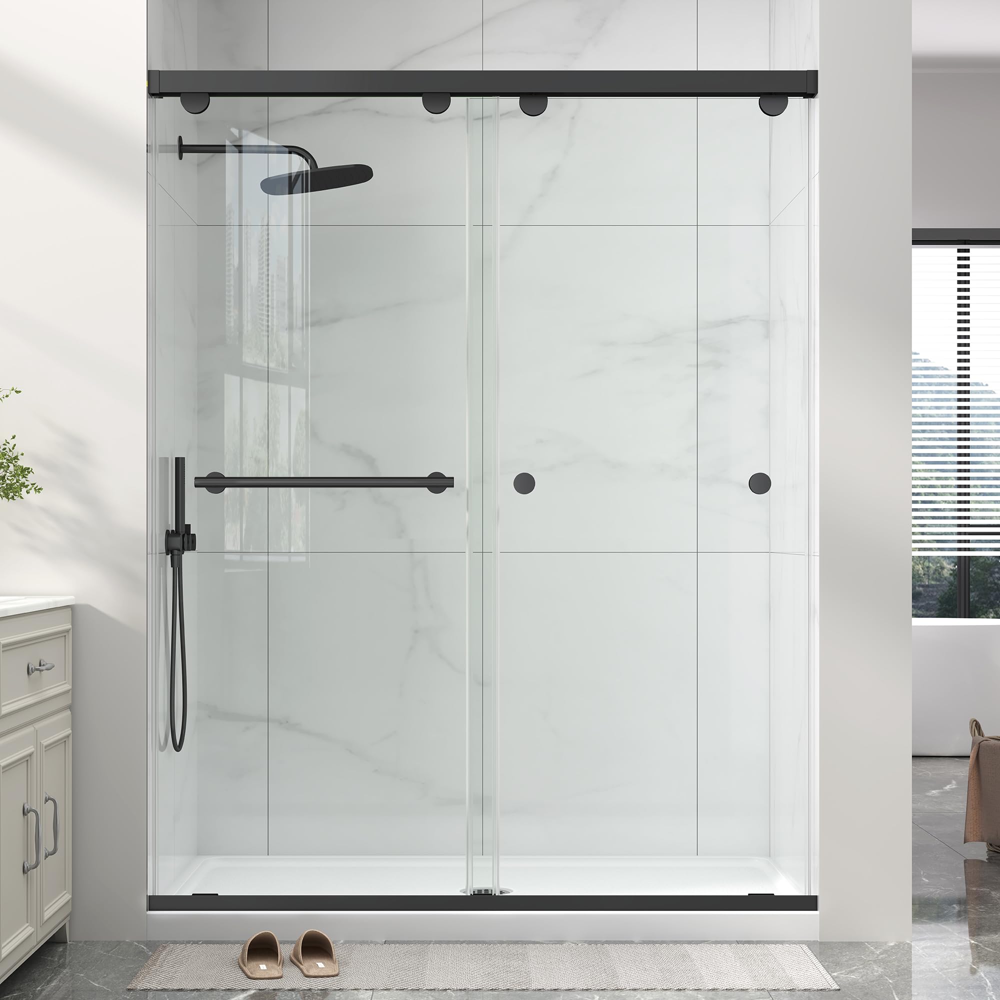 Photo 1 of Frameless Shower Door with Soft-Close & Anti-Leak,5/16" (8mm) Double Sliding Shower Door,Nano Coating Anti-Explosion Film SGCC Tempered Glass 43"- 48" W x 76" H,Matte Black
