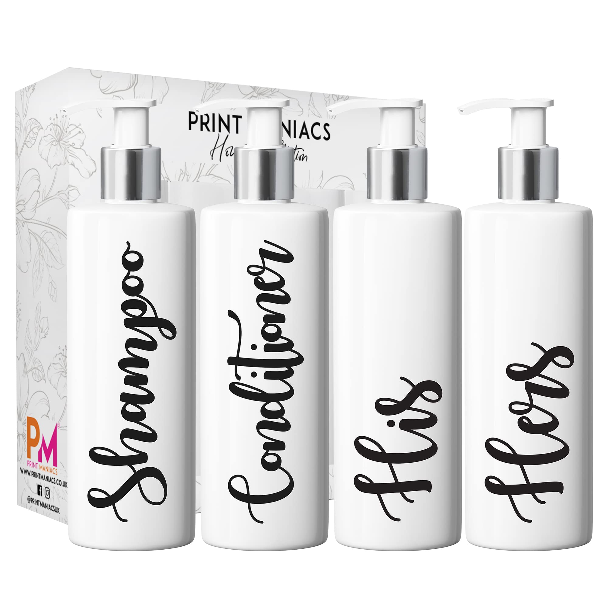 Print Maniacs White Mrs Hinch Inspired Personalised 500ml Pump Bottles Bathroom Lotion Kitchen Set Shampoo Conditioner (Set 4 His Her) (Black)