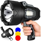 Rechargeable Spotlight 200000 Lumens, Waterproof Super Bright Spotlight Flashlight, LED Spotlights with 3 Color Lenses and Foldable Stand, Long Runtime Large Handheld Spot Light for Outdoor Boating