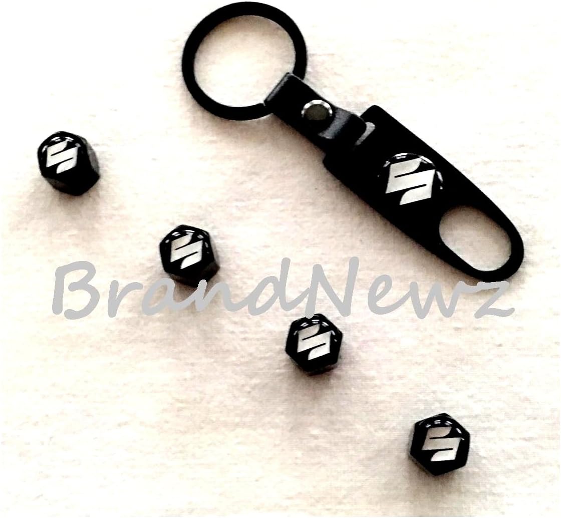 SUZUKI WHITE BLACK ALLOY CAR WHEEL TYRE VALVE DUST CAPS COVERS SPANNER KEYRING - SET OF 4