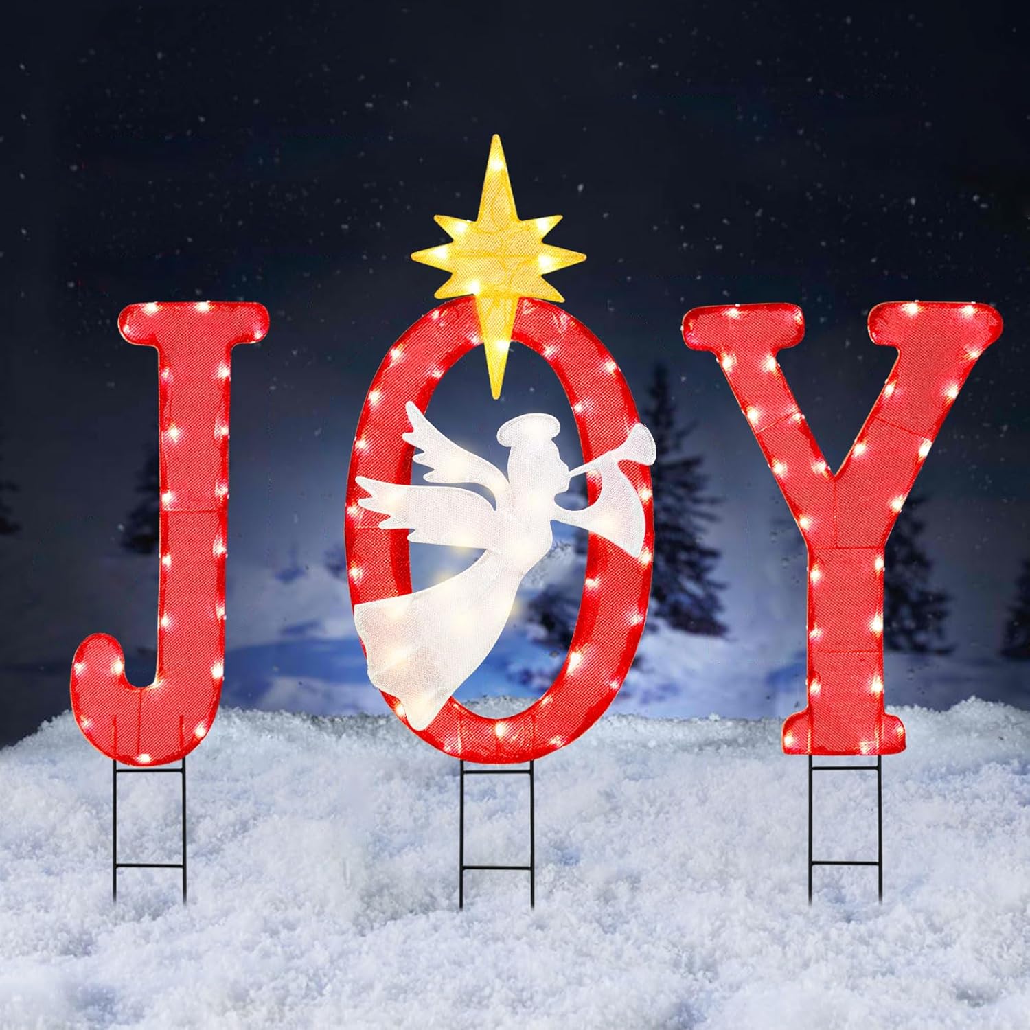 Yard Signs - Christmas JOY Angel Yard Sign, 45’’ Tall Outdoor Pre-lit Metal Marquee Letter JOY Sign Holiday Holy Family with Clear Light Display 100 Warm White Lights Outdoor Decor for Lawn, Garden