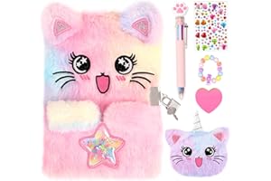 PrinBarBee Cat Diary for Girls with Lock and Keys,Tie-Dye Fuzzy Journal for Kids,Hardcover Fluffy Locking Notebook for Writing and Drawing,4-12 Year Old Girls Birthday