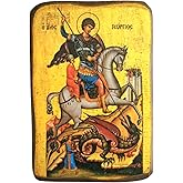 Iconsgr Wooden Greek Christian Orthodox Wood Icon of Saint George Riding His Horse and Slaying The Beast / A0