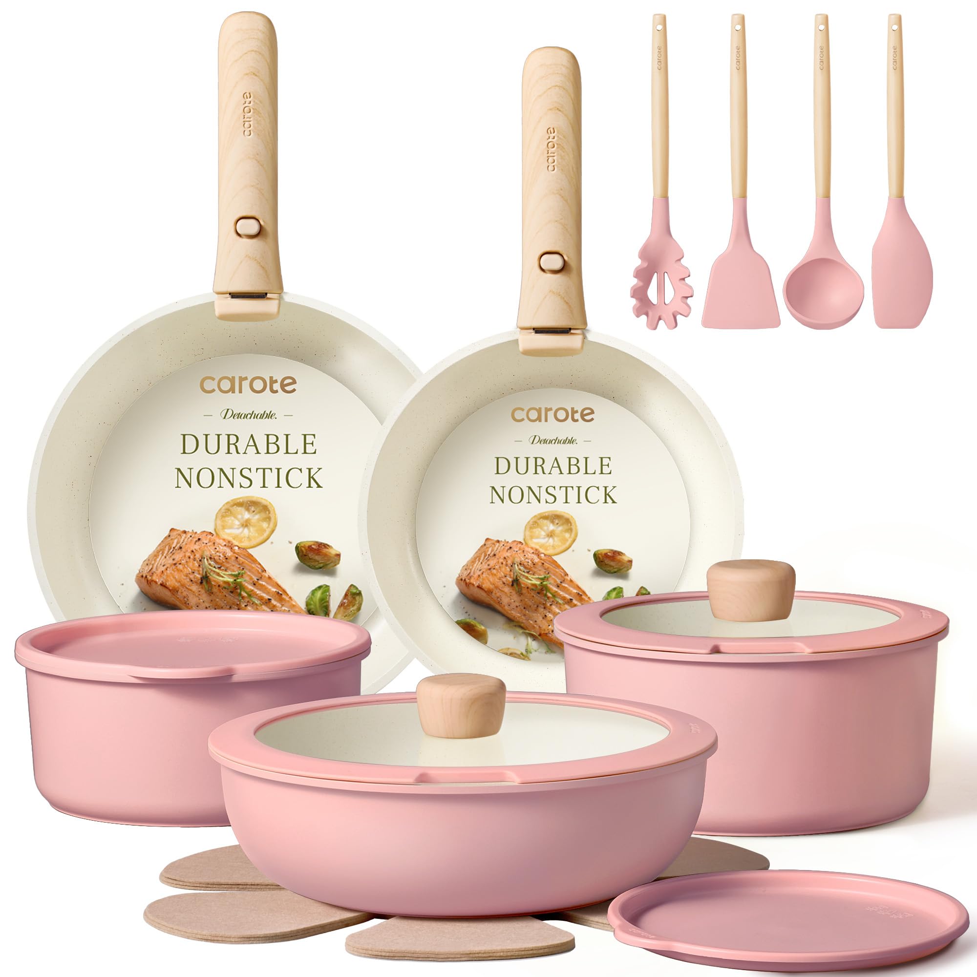 CAROTE Pots and Pans Set, Nonstick Cookware Set Detachable Handle, 19pcs Induction Kitchen Cookware Sets Non Stick with Removable Handle, RV Cookware Set, Oven Safe, Pink Image