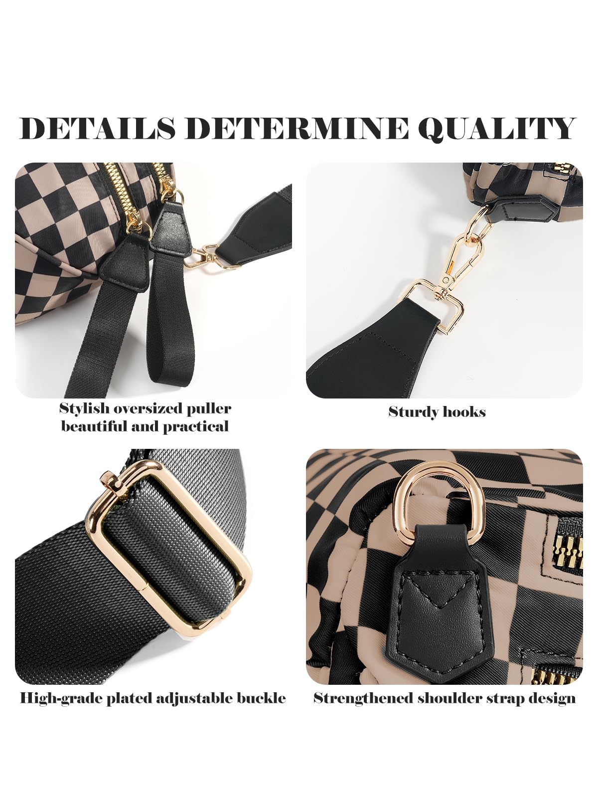 MEISEY Black and White Checkered Crossbody Bag Bum Bag for Women,Spacious Checkered Purse Fanny Packs Belt Bag