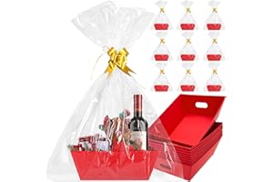 Sibosen 10PCS 10x12”Red Baskets For Gifts Empty Thick Kraft Gift Basket with 10 Green Pull Bows 10 Bags Empty Gift Baskets fo