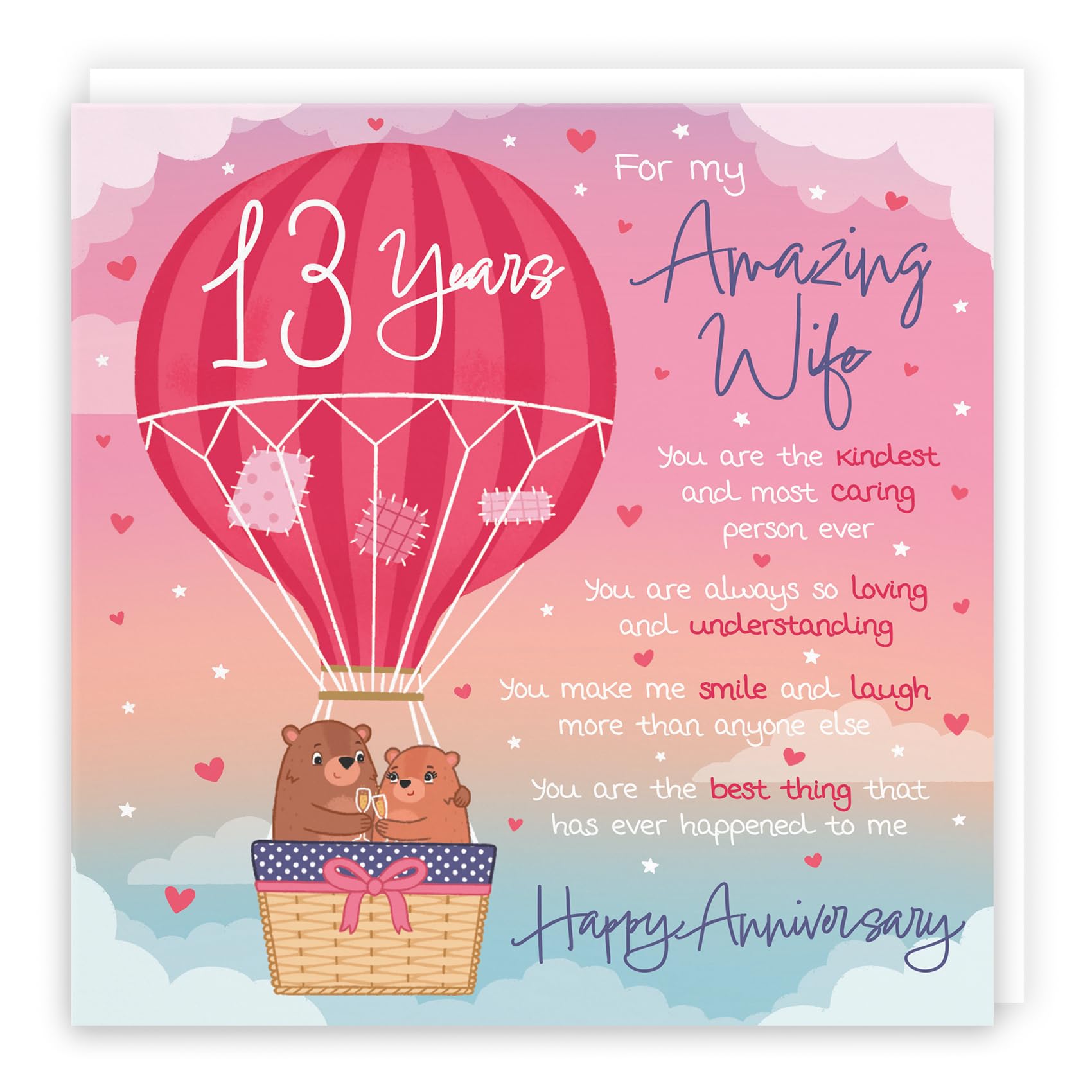 Hunts England - Wife 13th Anniversary Poem Card - Love Is In The Air - Beautiful Love Verse - Cute Bears - Luxury 13th Anniversary Card For Wife - Romantic 13 Years Wife Anniversary Card