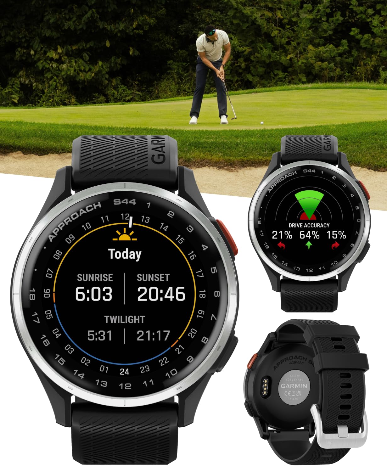 Garmin Approach S44 Golf GPS Smartwatch Silver Aluminum Bezel with Black Silicone Band with Wearable4U Power Bank Bundle