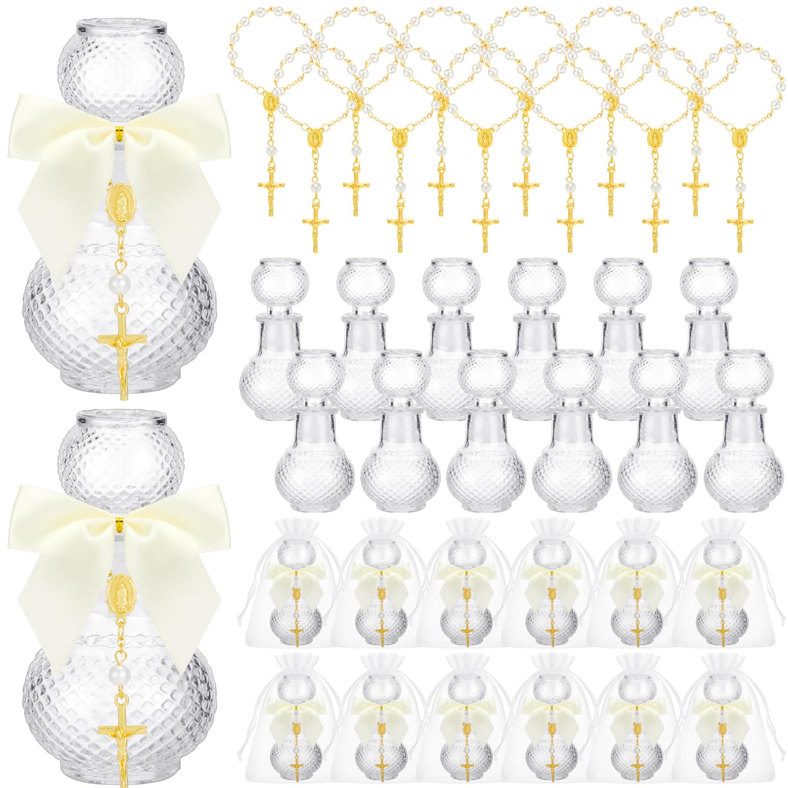 Photo 1 of Chuangdi 12 Sets Holy Bottle Baptism Favors with Cross Rosary 50ml Empty Glass Holy Container Bow Water Bottle for Guests Baptism Gifts Church Wedding Baptism Favors(Delicate)