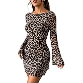 WDIRARA Women's Y2k Leopard Print Dress Mesh Bell Long Sleeve Backless Mini Dresses