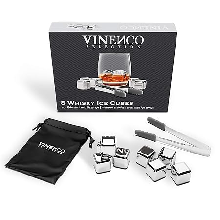 VINENCO Whisky Steine Ice Cubes 8er Set + Stoffbeutel 8 Wiederverwendbare Edelstahl Kühlsteine | Whiskey Rocks Eissteine Cool