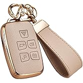 Axtrulix Key Fob Cover for Land Rover with Key Chain, Upper Leather + Soft TPU Key Cover Case Shell for Land Rover LR4 Range Rover Sport Evoque Jaguar XF XJ XJL F-pace (Cream)