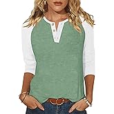Halife Women's Casual 3/4 Sleeve T Shirts Button V Neck Tunic Blouses Color Block Basic Tee Tops Loose Fit Summer Shirt