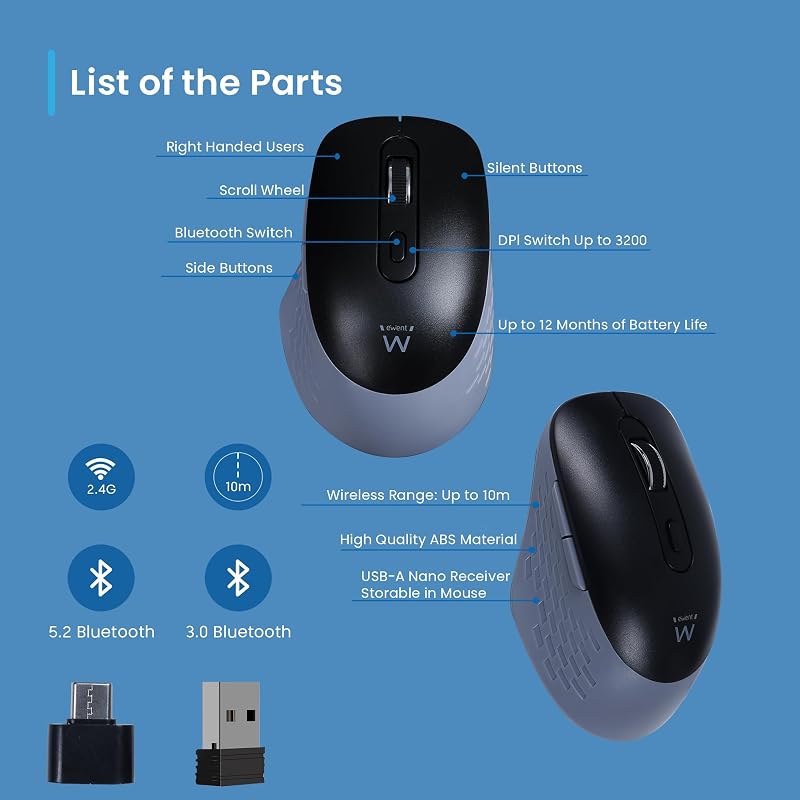 Mouse Wireless 2.4GHz con Tasti Silenziosi e Adattatore USB-C – EW3204