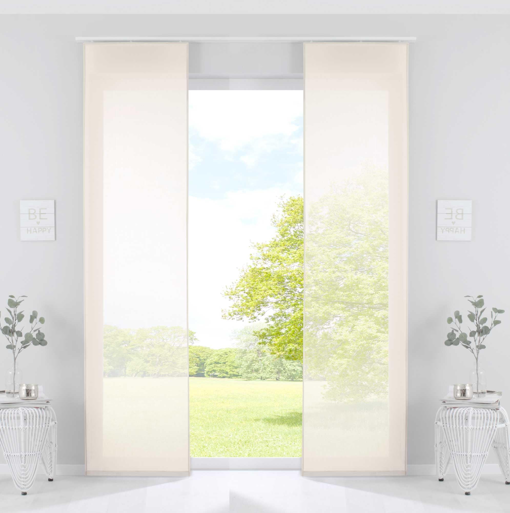 Gardinenbox Nizza 2019032-2 Set of 2 Sliding Curtains Cotton Voile Half Voile 245 x 60 cm Cream Transparent Panel Curtain with Panel Weight Bar