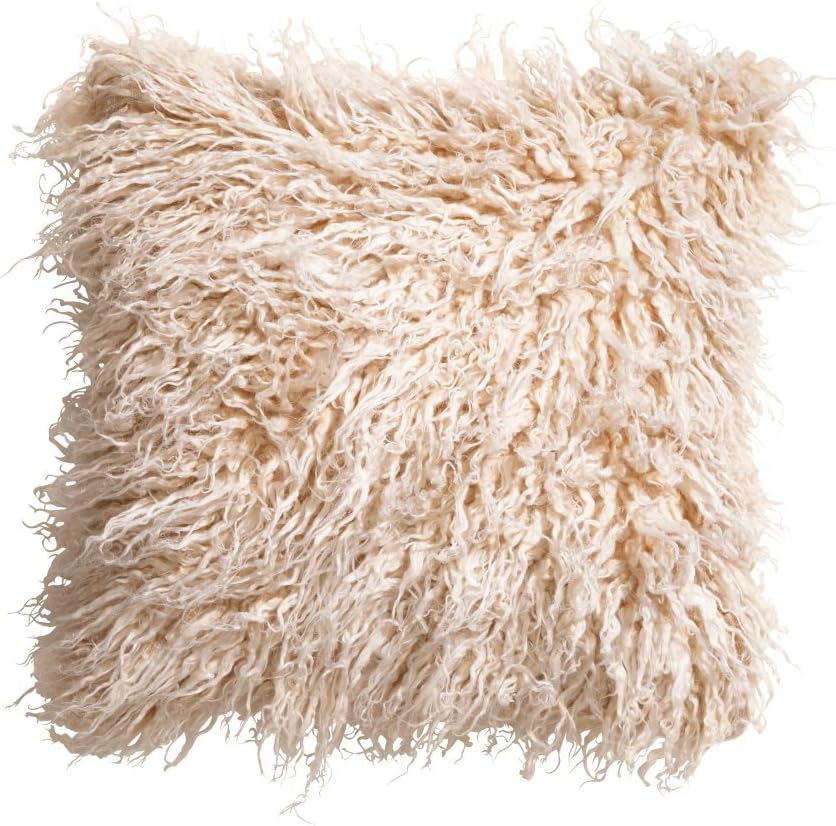 Luxury Mongolian Lamb Wool Faux Fur Cushion Decorative Pillow Cover, Silky Soft 16 x 16 inch Square Fuzzy Fake Fur Ivory