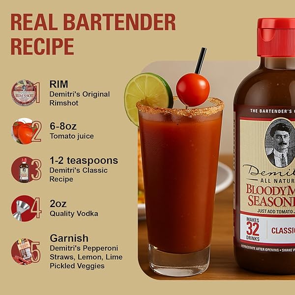 DEMITRI’S BLOODY MARY SEASONING CLASSIC RECIPE – BLOODY MARY MIX – CONCENTRATED DRINK MIXER – BOLD RICH FLAVOR – PERFECT FOR HOME BRUNCH PARTIES & COCKTAILS – 8OZ BOTTLE (PACK OF 1)