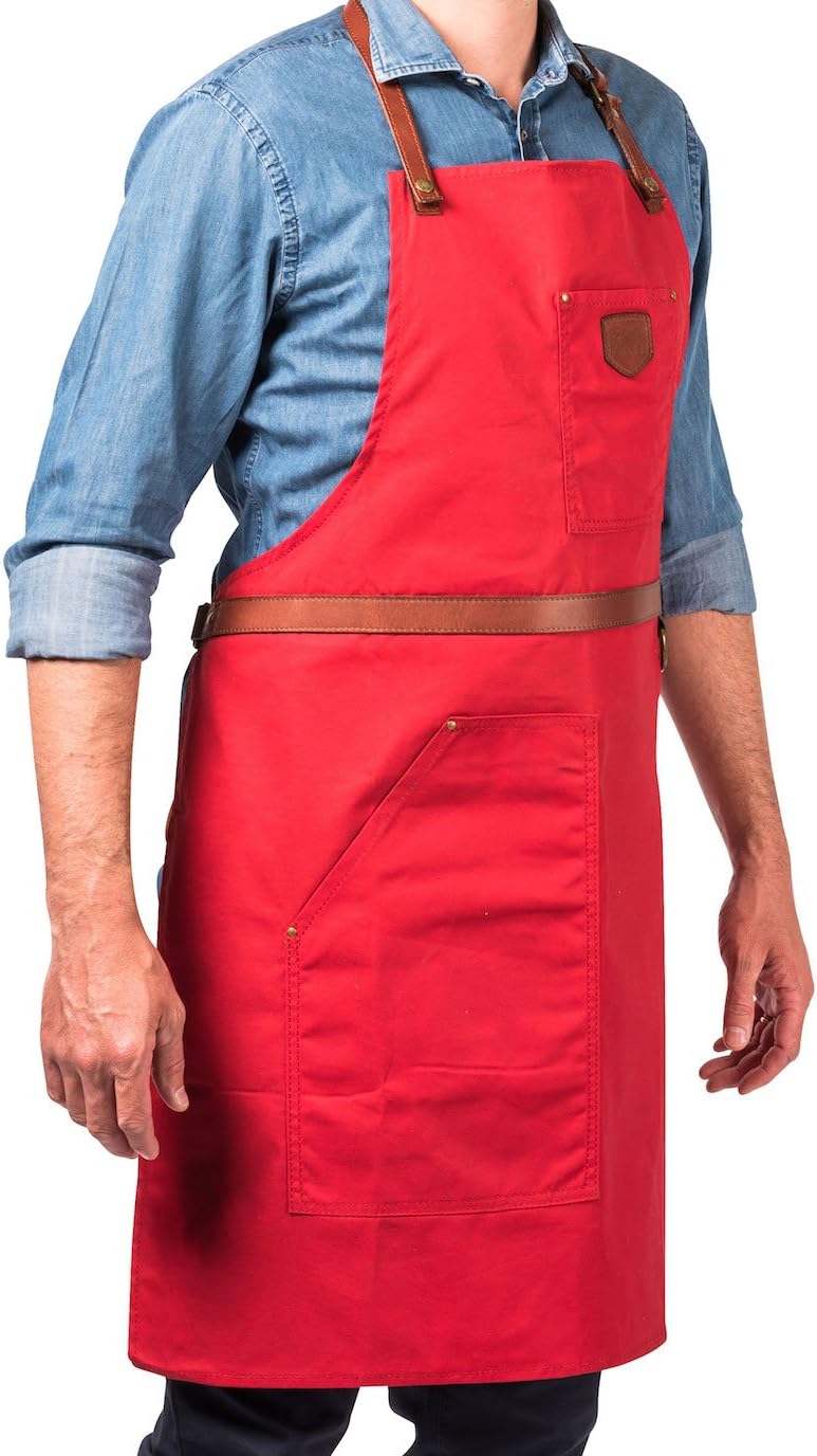 Alaskan MAKER Chic Multipocket Apron No.239 - Oiled Coton Canvas and Leather - One Size for Men and Women (RED)