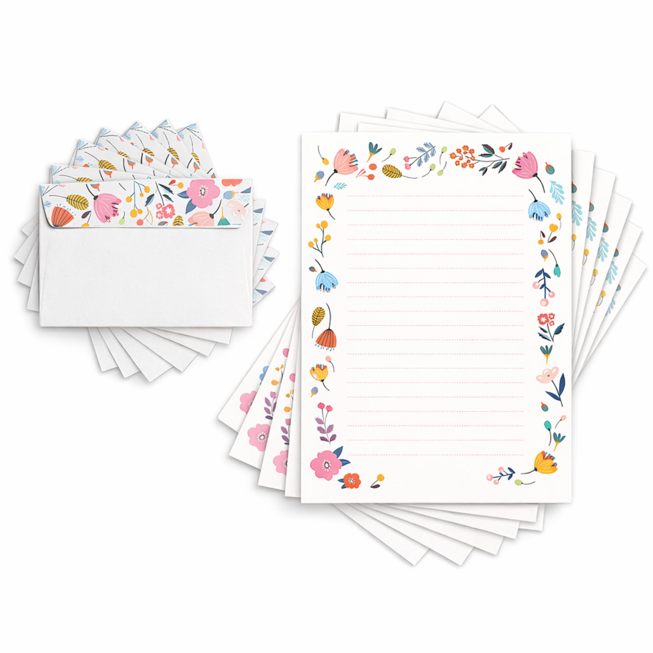 Friendly Fox Letter Paper Set "Flowers", DIN A4 Letter Paper Adult, 20 Sheets with 20 Envelopes, Printed on One Side