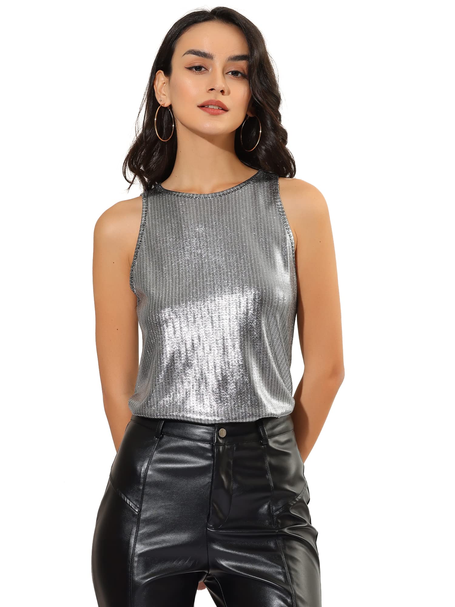 Photo 1 of Allegra K Women's Metallic Tank Tops Shiny Sleeveless Party Disco Shirt Medium Dark Silver