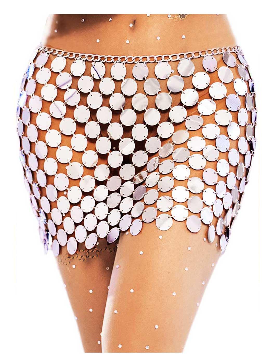 Photo 1 of GORAIS Sequin Chainmail Mini Skirt Dot Belly Dance Skirts Sparkly Nightclub Wrap Skirt for Women (Silver)