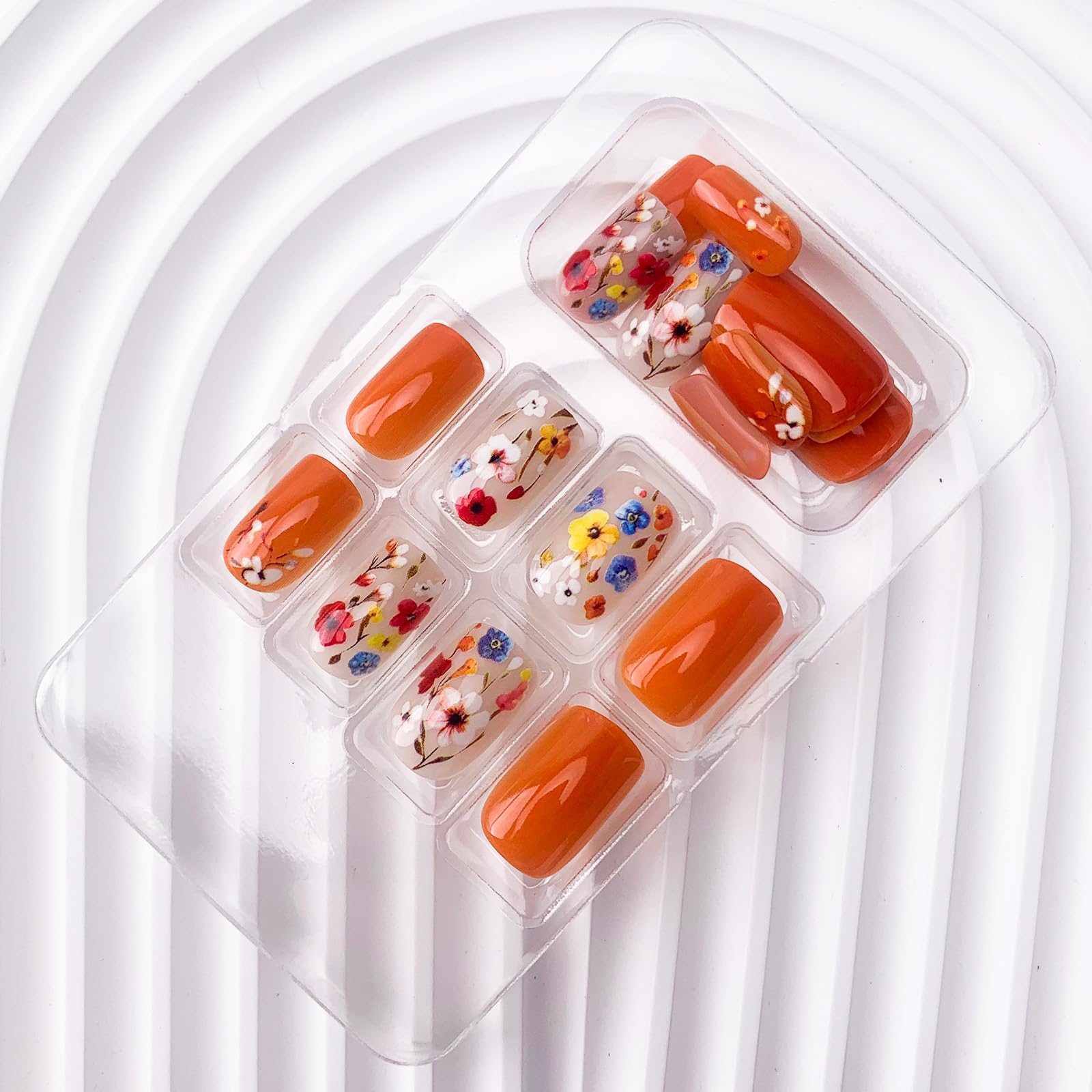 Flower Press on Nails Short Square Spring Nails Press ons Medium Orange Fake Nails with Floral Design Glue on Nails Glossy Floral False Nails Full Cover Acrylic Stick on Nails for Women Girls 24Pcs - Image 6
