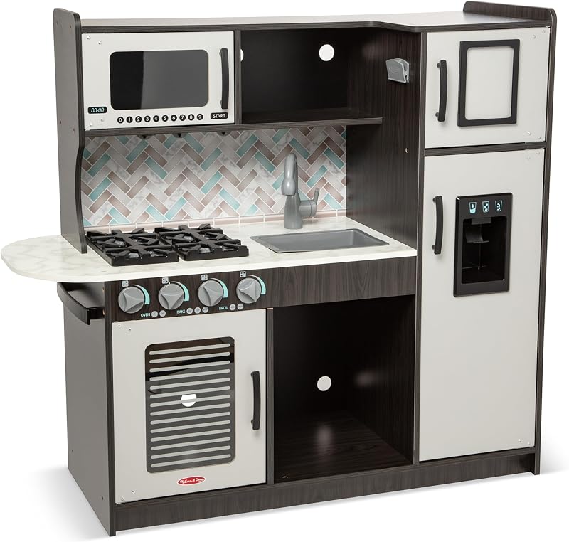 Cuisine-Jouet de Petit Chef en Bois pour Enfants - Gris Anthracite - Distributeur Inclus - Jeu de Cuisine pour Tout-Petits de 3 Ans et Plus
