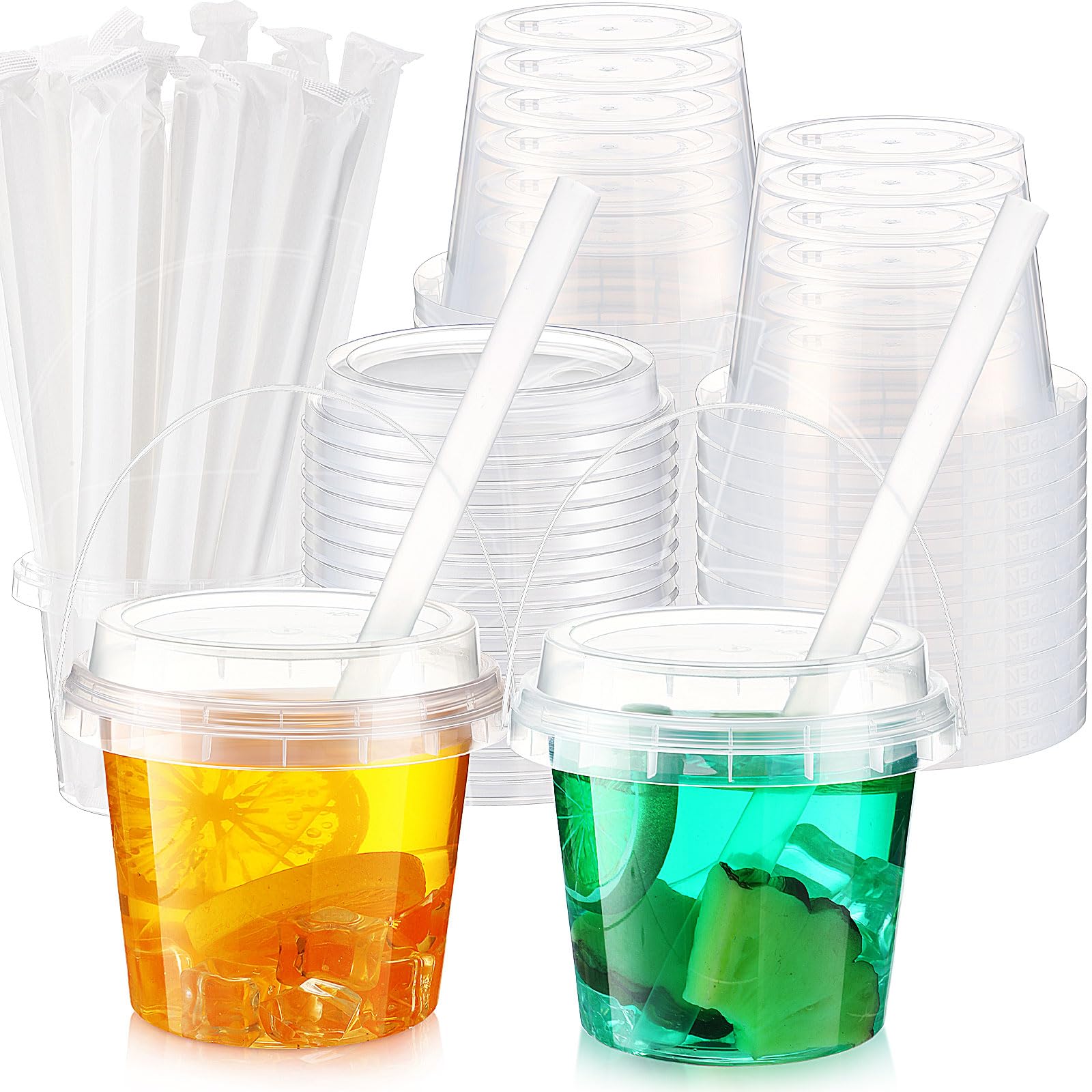 Photo 1 of Funnymoom 30 Set Clear Plastic Cups 16 oz Ice Cream Buckets with Lids and Straws Disposable Drink Cups Cocktail Pails with Handles for Outdoor Holiday Travel Beach Birthday Pool Party Supplies