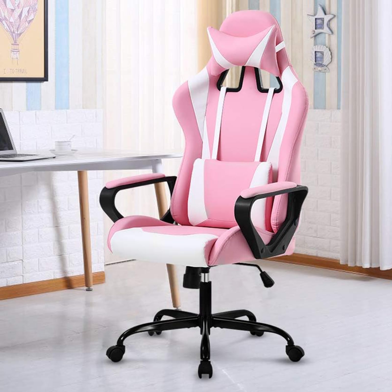 BestShop Silla para juegos 188 P, moderna silla ergonómica rosa para juegos de computadora con respaldo alto y soporte lumbar, altura ajustable, giro 360, estilo ejecutivo, cuero PU, capacidad de 300 lb