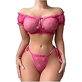 OYOANGLE Women's 2 Piece Lingerie Set Mesh Sheer Lettuce Trim Tie Front Bra and Thong Sets